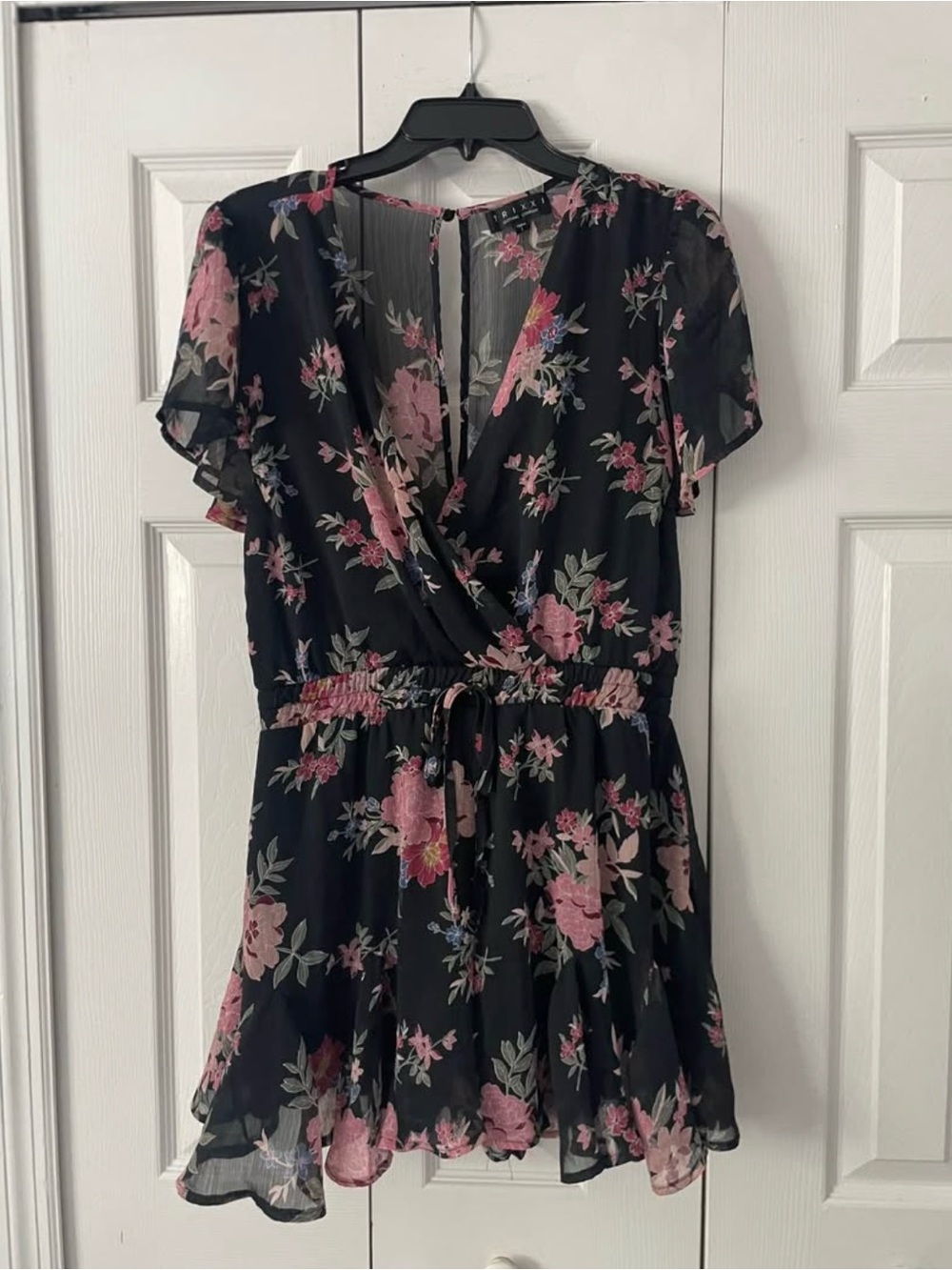 Trixxi Black Floral Wrap Romper with Pink Blooms